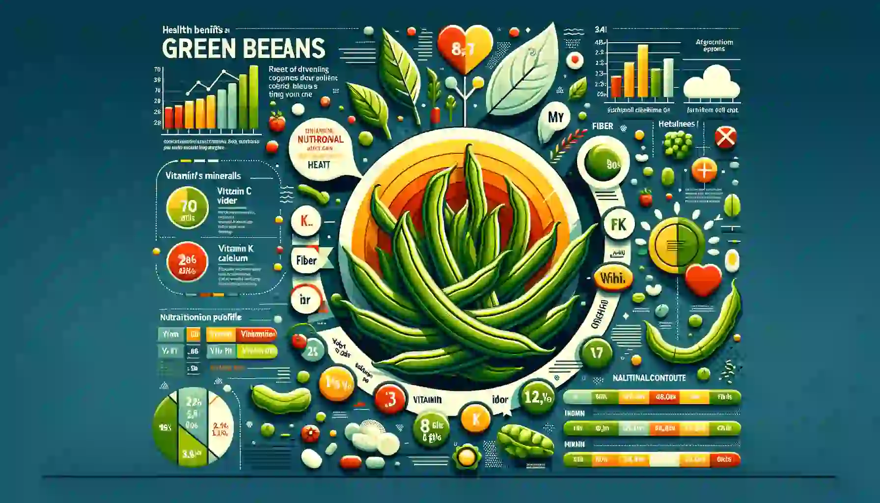 A colorful, engaging infographic highlighting the nutritional profile of green beans, including key vitamins and minerals such as Vitamin C, Vitamin K