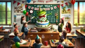 A creative and playful scene depicting a leap year birthday party in a classroom setting