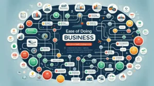 A creative infographic detailing the key factors evaluated in the Ease of Doing Business rankings