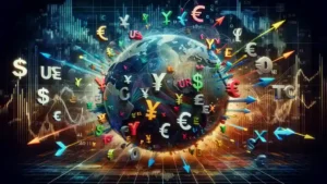 A variety of currency pairs floating across a digital globe of Forex Trading Online