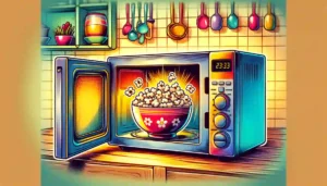 A vibrant illustration of a microwave oven in use, showing a bowl of popcorn being heated inside