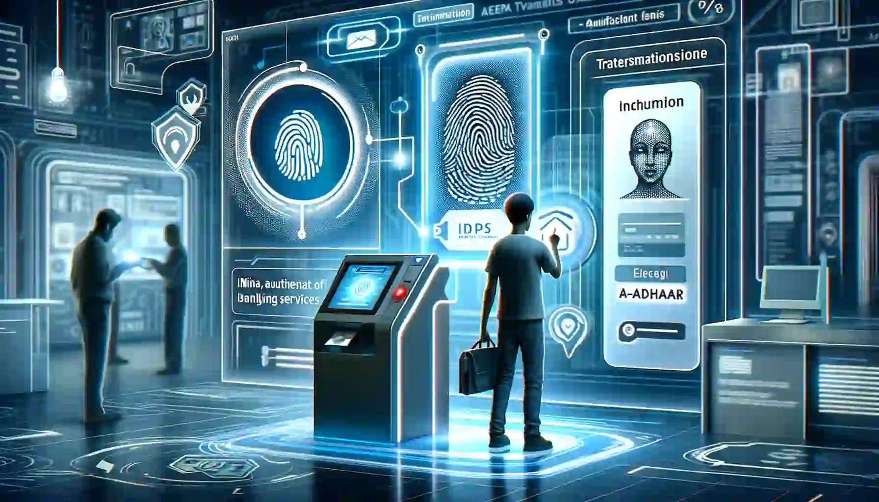 An illustration depicting a person conducting AEPS Offus transactions at a digital kiosk