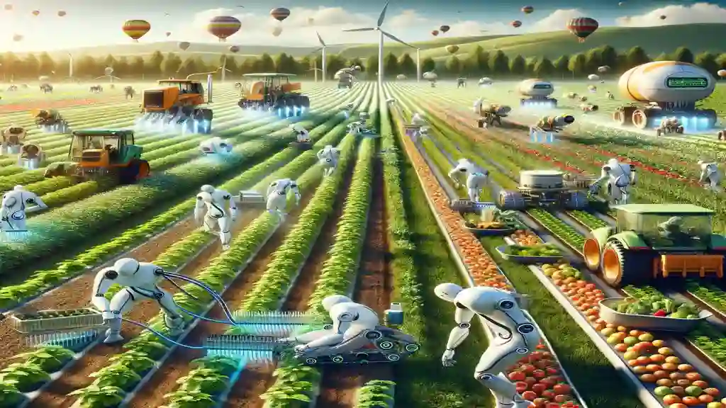 Futuristic agricultural landscape where fields are alive with activity, not from human labor, but from the presence of advanced robotic farming