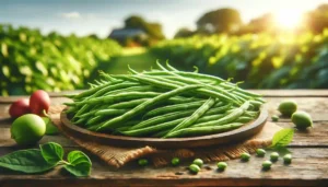 Green beans laid out on a rustic wooden table, showcasing their bright green color and healthy, unblemished appea