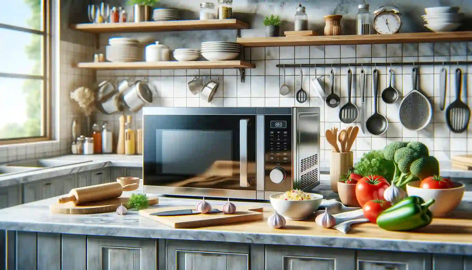 Microwave Oven prominently displayed on the countertop, surrounded by various cooking ingredients