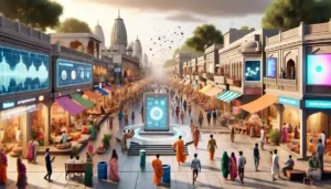 The bustling streets of Ayodhya Ram Mandir 2050