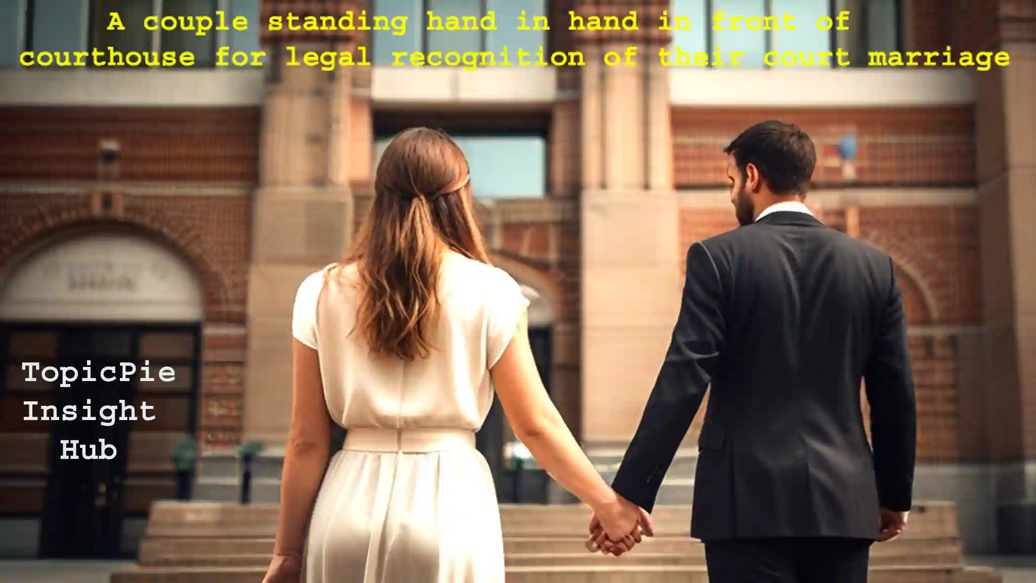 A couple standing hand in hand in front of a courthouse for legal recognition of their court marriage