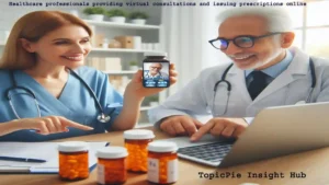 Healthcare professionals providing virtual consultations and issuing online prescription
