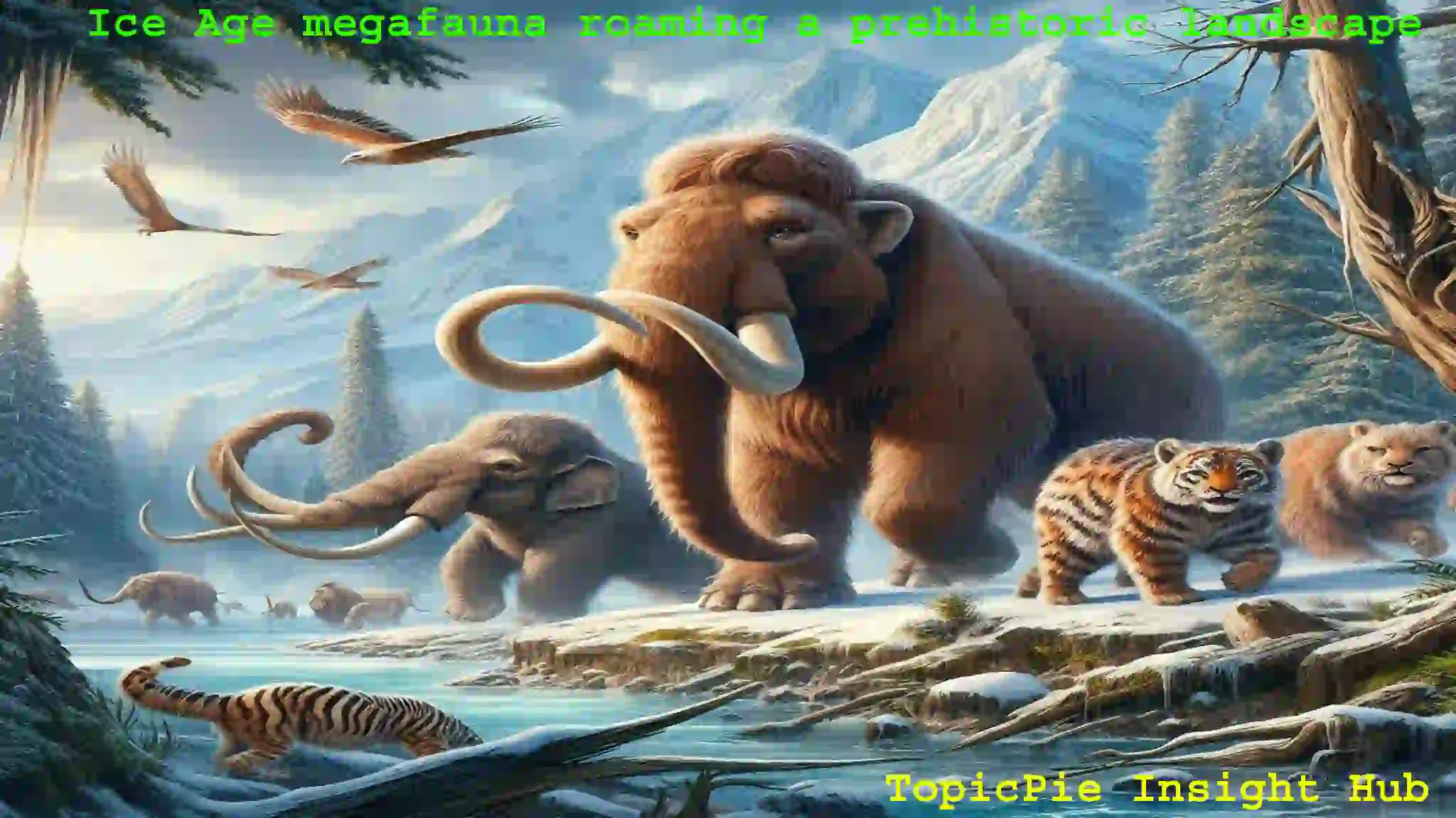 Ice Age megafauna roaming a prehistoric landscape