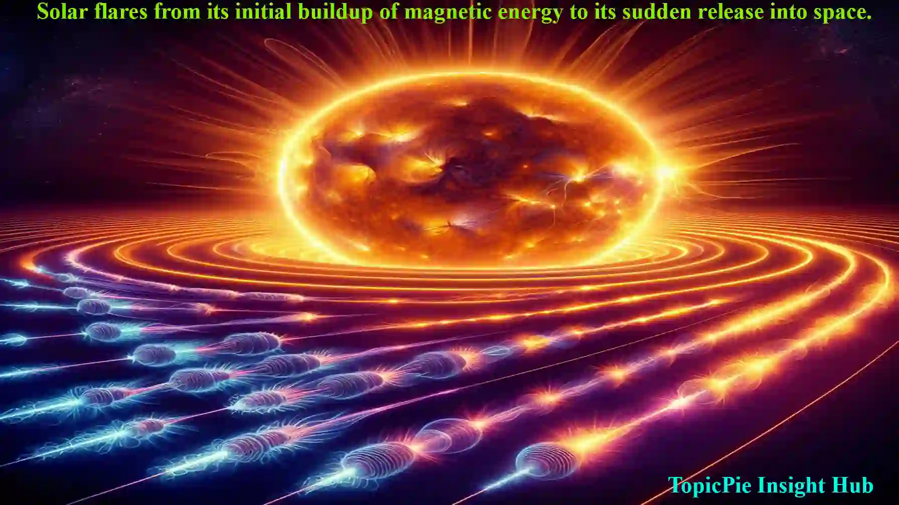 Solar flares from its initial buildup of magnetic energy to its sudden release into space.