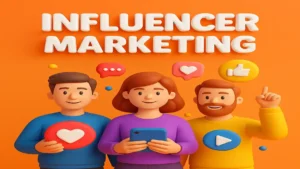 3D concept of influencer marketing showing diverse digital creators engaging audiences with products through social media platforms