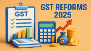 High resolution 3D design of GST reforms 2025 featuring clipboard, bar chart, calculator, coins, and red upward arrow representing tax updates