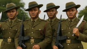 A group of Gurkha soldiers in traditional uniforms holding khukuri knives and modern rifles, symbolizing bravery, unity, and pride