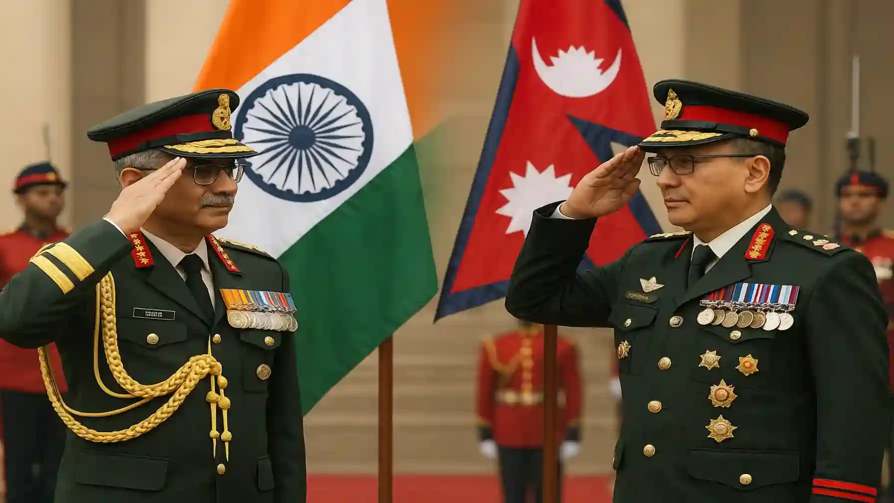 Indian and Nepalese Army Chiefs exchanging salutes during the Honorary Army Chief tradition ceremony with national flags in the background.