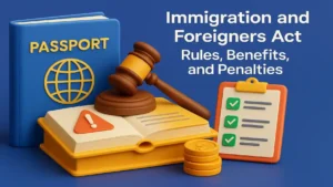 3D illustration of blue passport, gavel, open legal book, stacked coins, and checklist with bold text “Immigration and Foreigners Act Rules, Benefits, and Penalties.