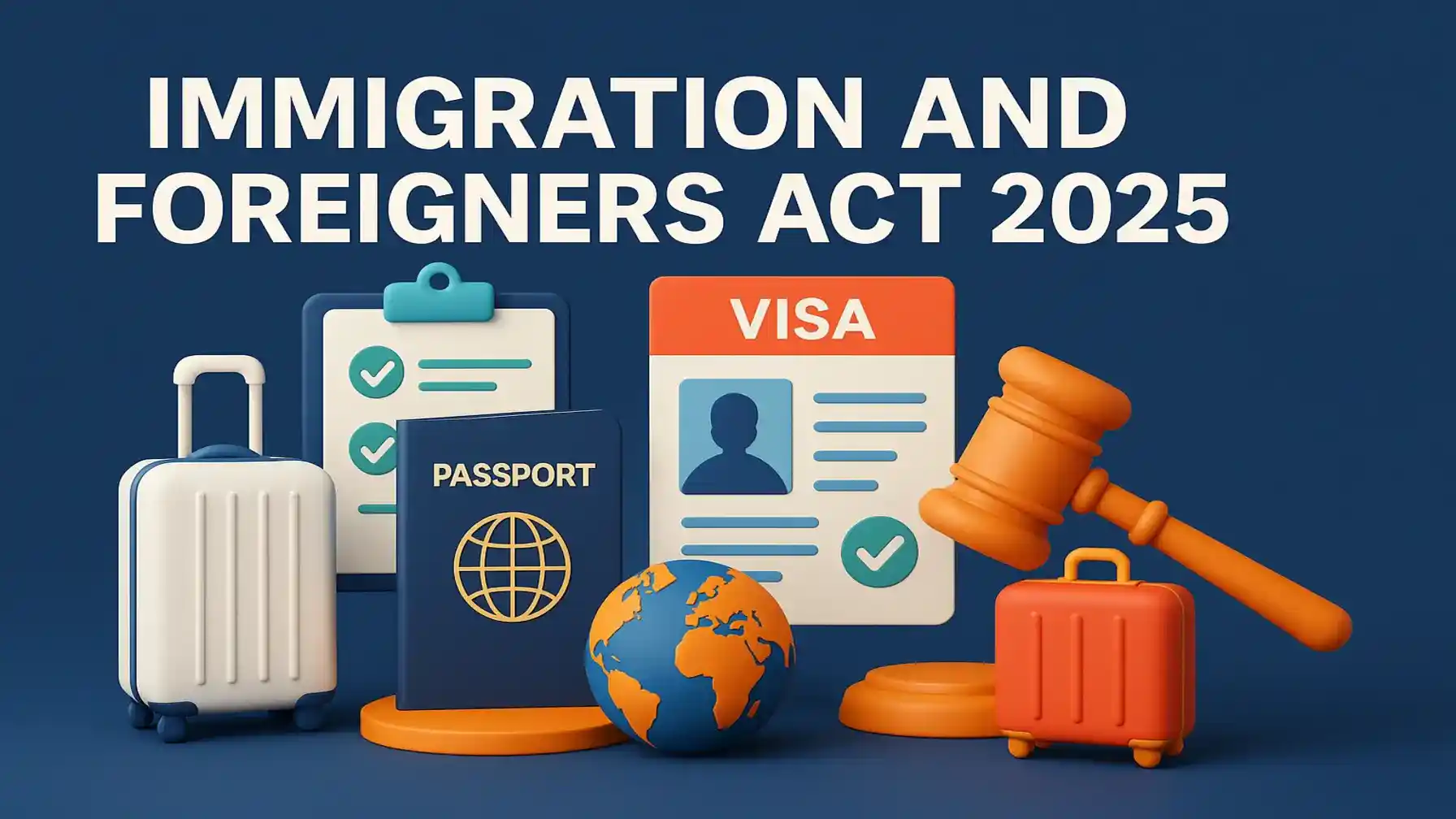 3D illustration showing passport, visa, suitcase, gavel, globe, and checklist under bold text “Immigration and Foreigners Act 2025” on a blue background