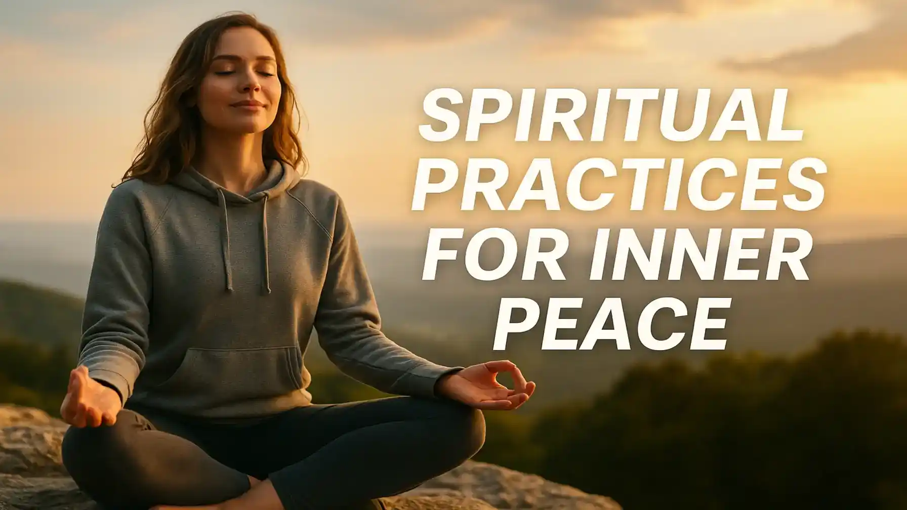 A young woman meditates peacefully on a rocky outcrop during sunset, symbolizing spiritual practices for inner peace and mindfulness.