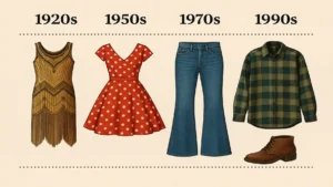 Collage of vintage clothing timeline showing a 1920s flapper dress, 1950s polka dot swing skirt, 1970s bell-bottom jeans, and 1990s oversized flannel shirt with boots